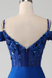 Royal Blue Mermaid Spaghetti Straps Beaded Corset Prom Dress with Slit