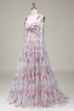 A-Line Tulle White Flower Printed Long Prom Dress