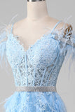 Light Blue A-Line Rhinestones Accents Corset Prom Dress With Appliques
