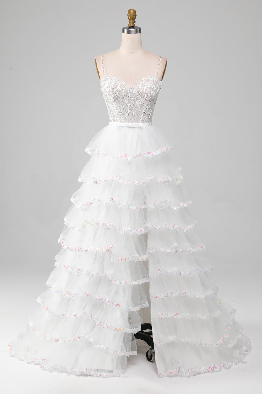 Wedtrend Women White Wedding Dress A-Line Sparkly Sequin Ruffle Skirt Corset Long Bridal Dress with Slit, White / US8 Wedtrend Women White Wedding Dress A-Line Sparkly Sequin Ruffle Skirt Corset Long Bridal Dress with Slit, White / US8