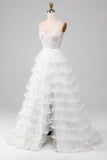 White A-Line Sparkly Sequins Long Corset Wedding Dress With Slit