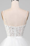 White A-Line Sparkly Sequins Long Corset Wedding Dress With Slit