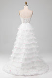 White A-Line Sparkly Sequins Long Corset Wedding Dress With Slit