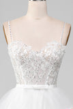 White A-Line Sparkly Sequins Long Corset Wedding Dress With Slit