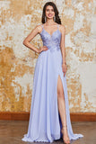 Lavender A Line Spaghetti Straps Criss Cross Back Long Prom Dress with Slit