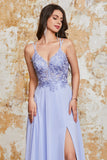 Lavender A Line Spaghetti Straps Criss Cross Back Long Prom Dress with Slit