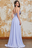 Lavender A Line Spaghetti Straps Criss Cross Back Long Prom Dress with Slit