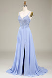 Lavender A-Line Spaghetti Straps Long Appliques Prom Dress with Slit