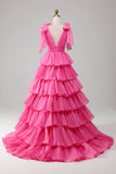 Princess Fuchsia A-Line V-Neck Long Tiered Prom Dress With Slit