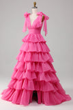 Princess Fuchsia A-Line V-Neck Long Tiered Prom Dress With Slit