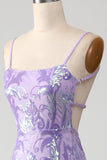 Light Purple Spaghetti Straps Sparkly Sequin Backless Prom Dress