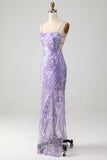 Light Purple Spaghetti Straps Sparkly Sequin Backless Prom Dress
