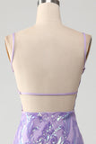 Light Purple Spaghetti Straps Sparkly Sequin Backless Prom Dress