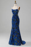 Royal Blue Mermaid Spaghetti Straps Sequins Prom Dress With Slit