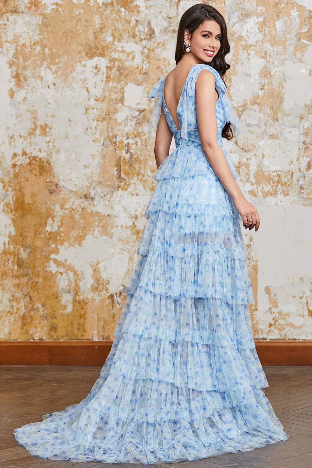 Wedtrend Women Light Blue Tiered Prom Dress A-Line V-Neck Party Dress WEDTREND Wedtrend Women Light Blue Tiered Prom Dress A-Line V-Neck Party Dress WEDTREND