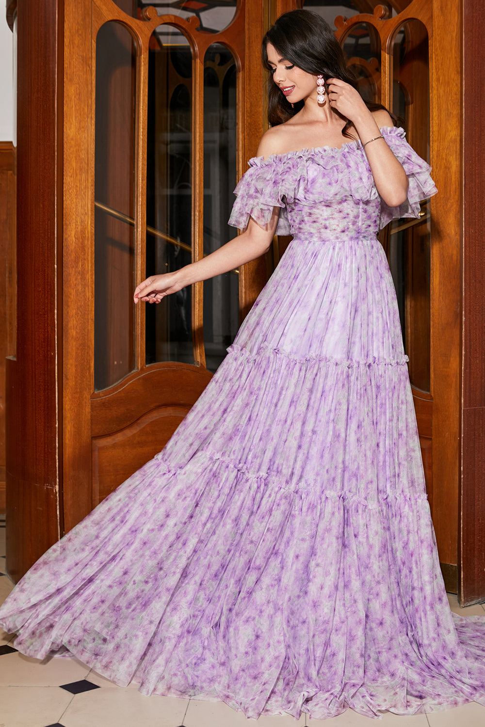 Wedtrend Women Lilac Floral Long Prom Dress Off The Shoulder A-Line Formal Dress with Ruffles, Lilac / US4 Wedtrend Women Lilac Floral Long Prom Dress Off The Shoulder A-Line Formal Dress with Ruffles, Lilac / US4