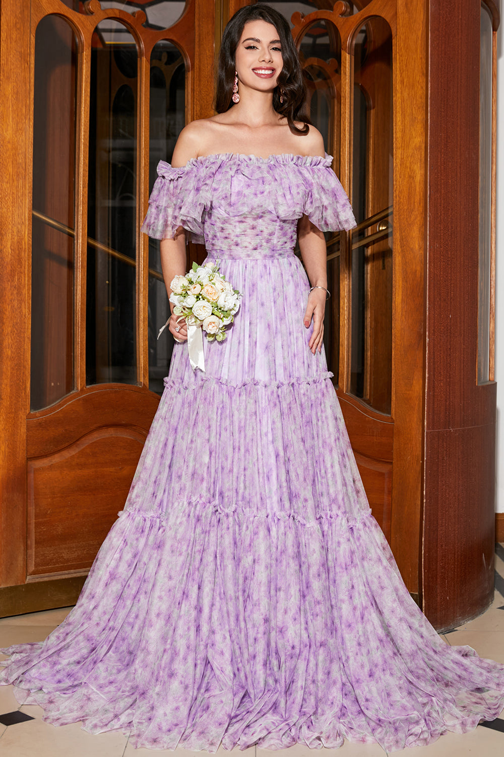 Wedtrend Women Lilac Floral Long Prom Dress Off the Shoulder A-Line Formal Dress With Ruffles WEDTREND Wedtrend Women Lilac Floral Long Prom Dress Off the Shoulder A-Line Formal Dress With Ruffles WEDTREND