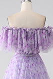 Lilac A-Line Off the Shoulder  Floral Long Prom Dress With Ruffles