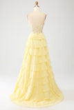 Yellow A-Line Sweetheart Tiered Corset Long Prom Dress