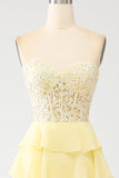 Yellow A-Line Sweetheart Tiered Corset Long Prom Dress