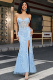 Light Blue Stylish Mermaid Sweetheart Corset Prom Dress with Appliques
