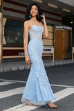 Light Blue Stylish Mermaid Sweetheart Corset Prom Dress with Appliques