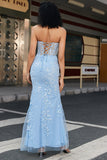 Light Blue Stylish Mermaid Sweetheart Corset Prom Dress with Appliques