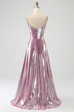 Stunning A Line Spaghetti Straps Pink Long Prom Dress with Split Front
