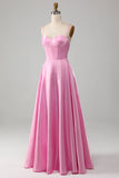 Pink A-Line Spaghetti Straps Corset Long Prom Dress