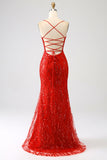 Glitter Red Mermaid Spaghetti Straps Long Sequins Prom Dress with Slit