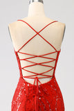 Glitter Red Mermaid Spaghetti Straps Long Sequins Prom Dress with Slit