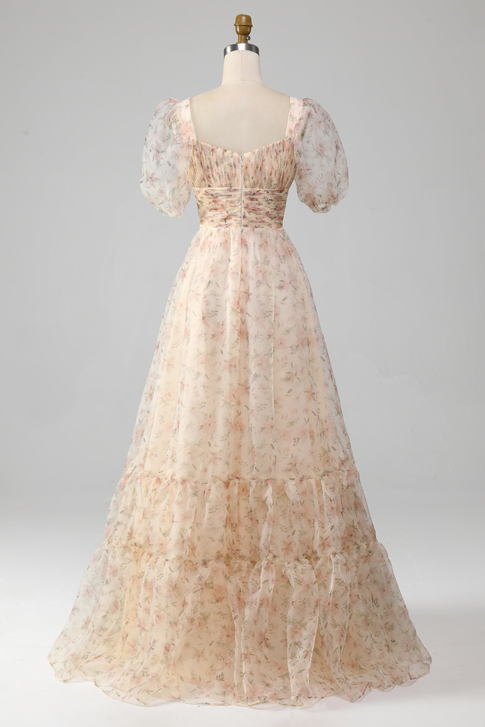 A-Line Floral Print Pleated Tiered Champagne Prom Dress With Puff Sleeves