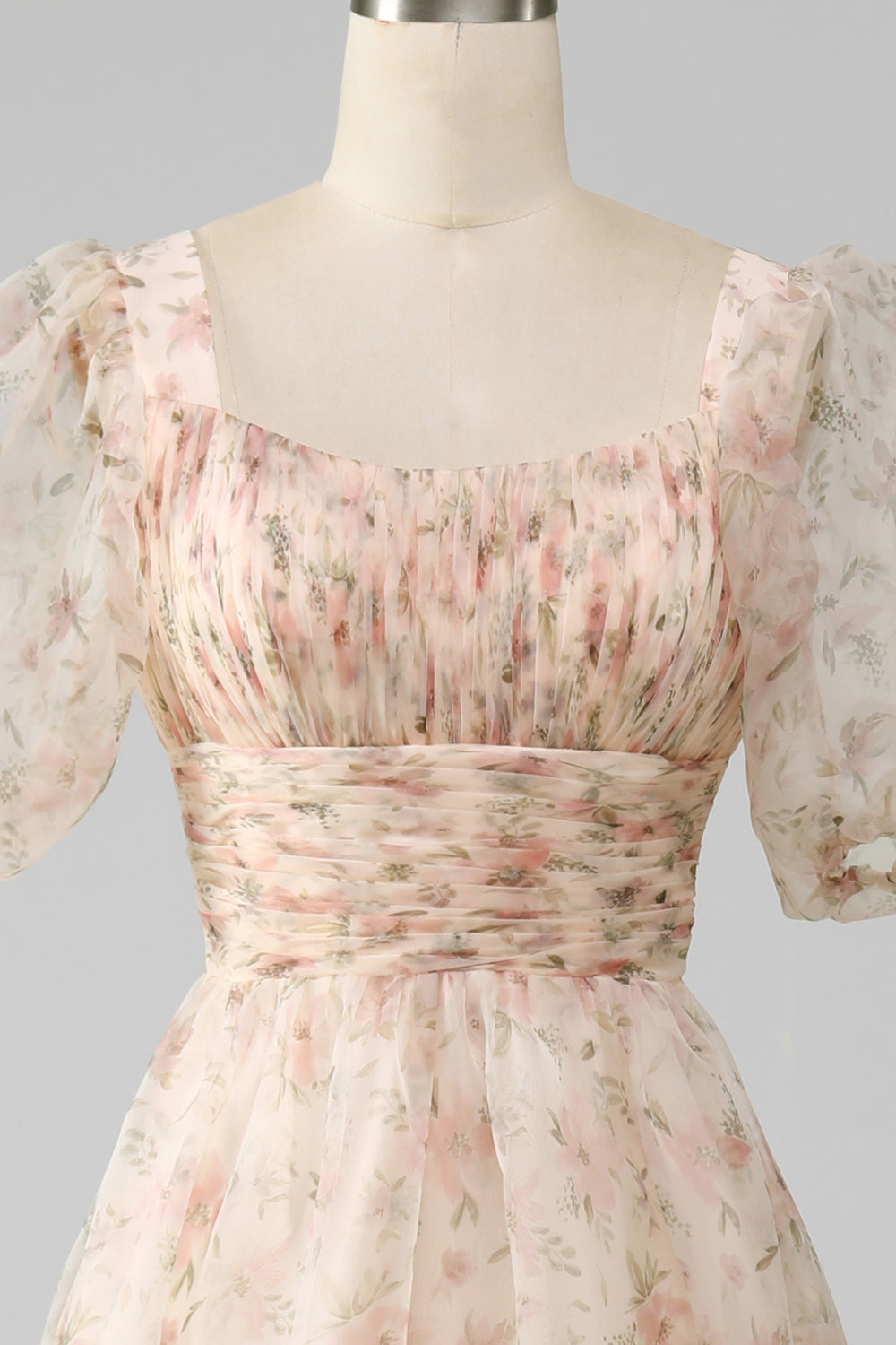A-Line Floral Print Pleated Tiered Champagne Prom Dress With Puff Sleeves