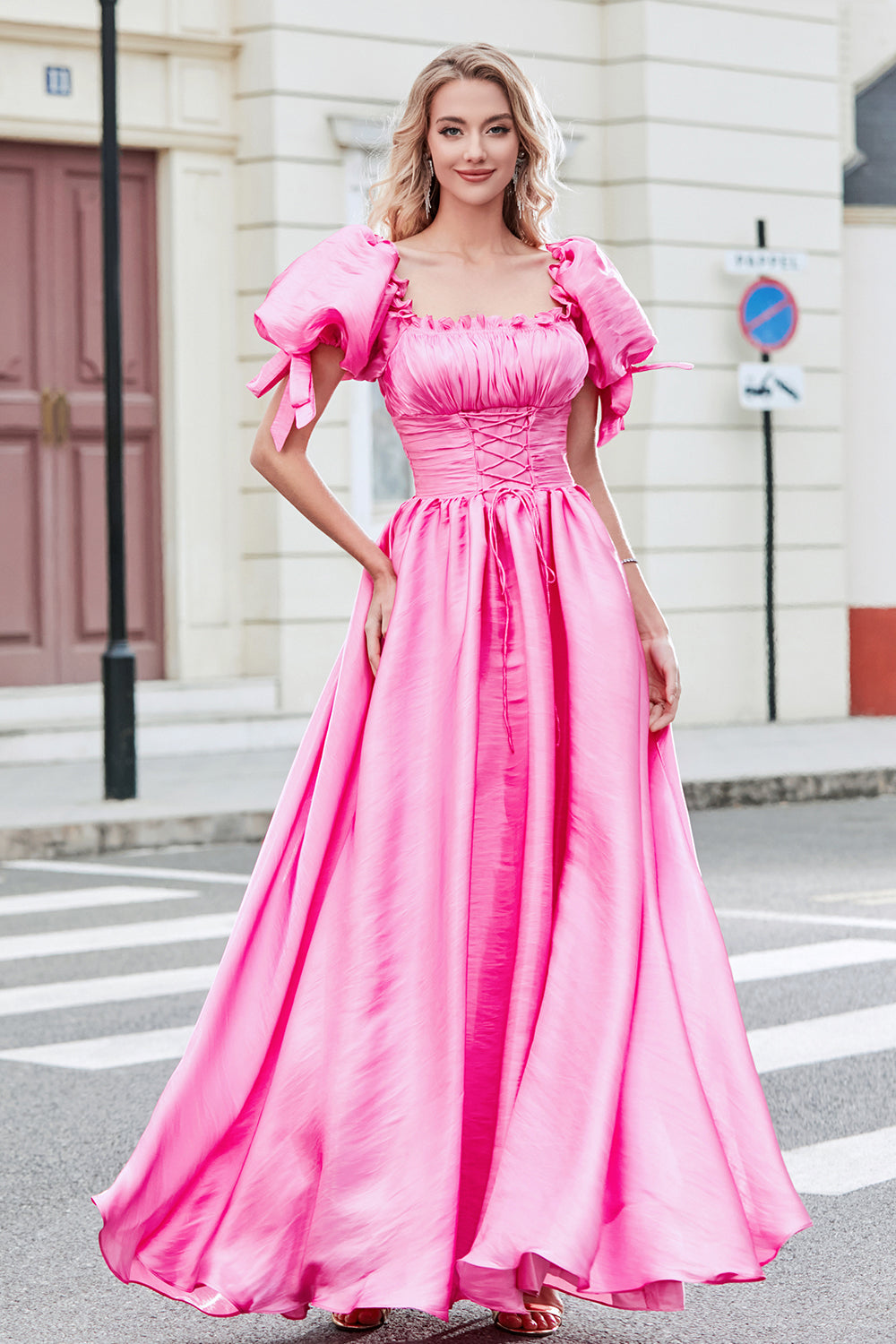 Wedtrend Women Hot Pink Prom Dress Princess A Line Square Neck Long Evening Party Dress with Puff Sleeves WEDTREND Wedtrend Women Hot Pink Prom Dress Princess A Line Square Neck Long Evening Party Dress with Puff Sleeves WEDTREND