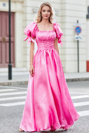 Princess A Line Square Neck Hot Pink Long Prom Dress with Puff Sleeves