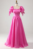 Hot Pink A-Line Tighten The Waist Prom Dress with Puff Sleeves