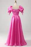 Hot Pink A-Line Tighten The Waist Prom Dress with Puff Sleeves