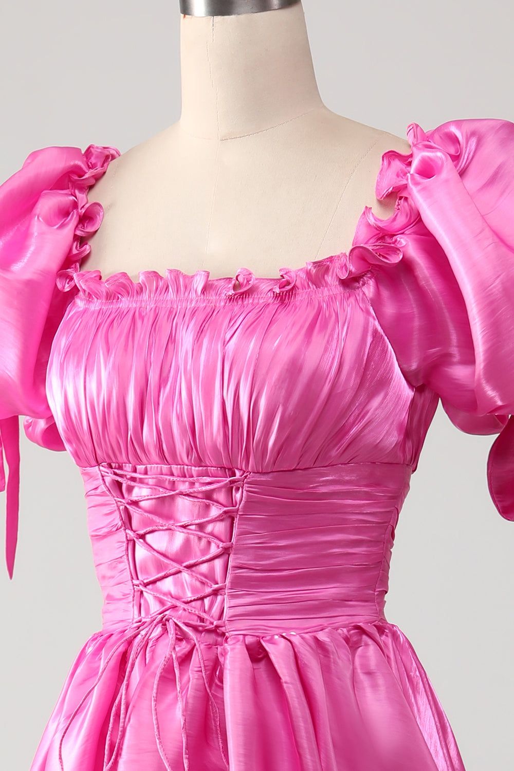 Hot Pink A-Line Tighten The Waist Prom Dress with Puff Sleeves