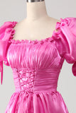 Hot Pink A-Line Tighten The Waist Prom Dress with Puff Sleeves