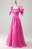 Hot Pink A-Line Tighten The Waist Prom Dress with Puff Sleeves