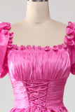 Hot Pink A-Line Tighten The Waist Prom Dress with Puff Sleeves