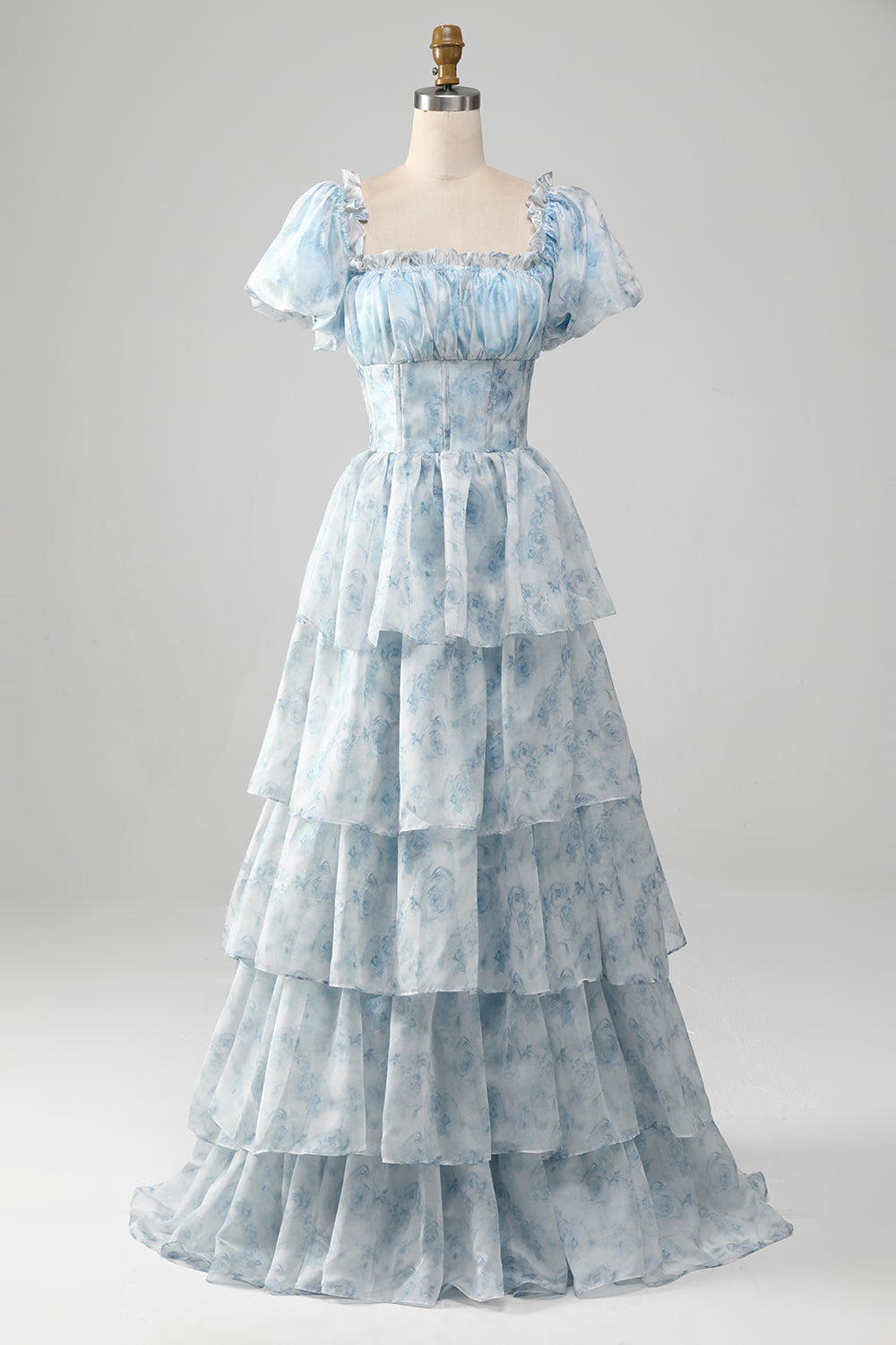 Wedtrend Women Light Blue Tiered Prom Dress with Corset Tulle Printed Party Dress with Puff Sleeves WEDTREND Wedtrend Women Light Blue Tiered Prom Dress with Corset Tulle Printed Party Dress with Puff Sleeves WEDTREND