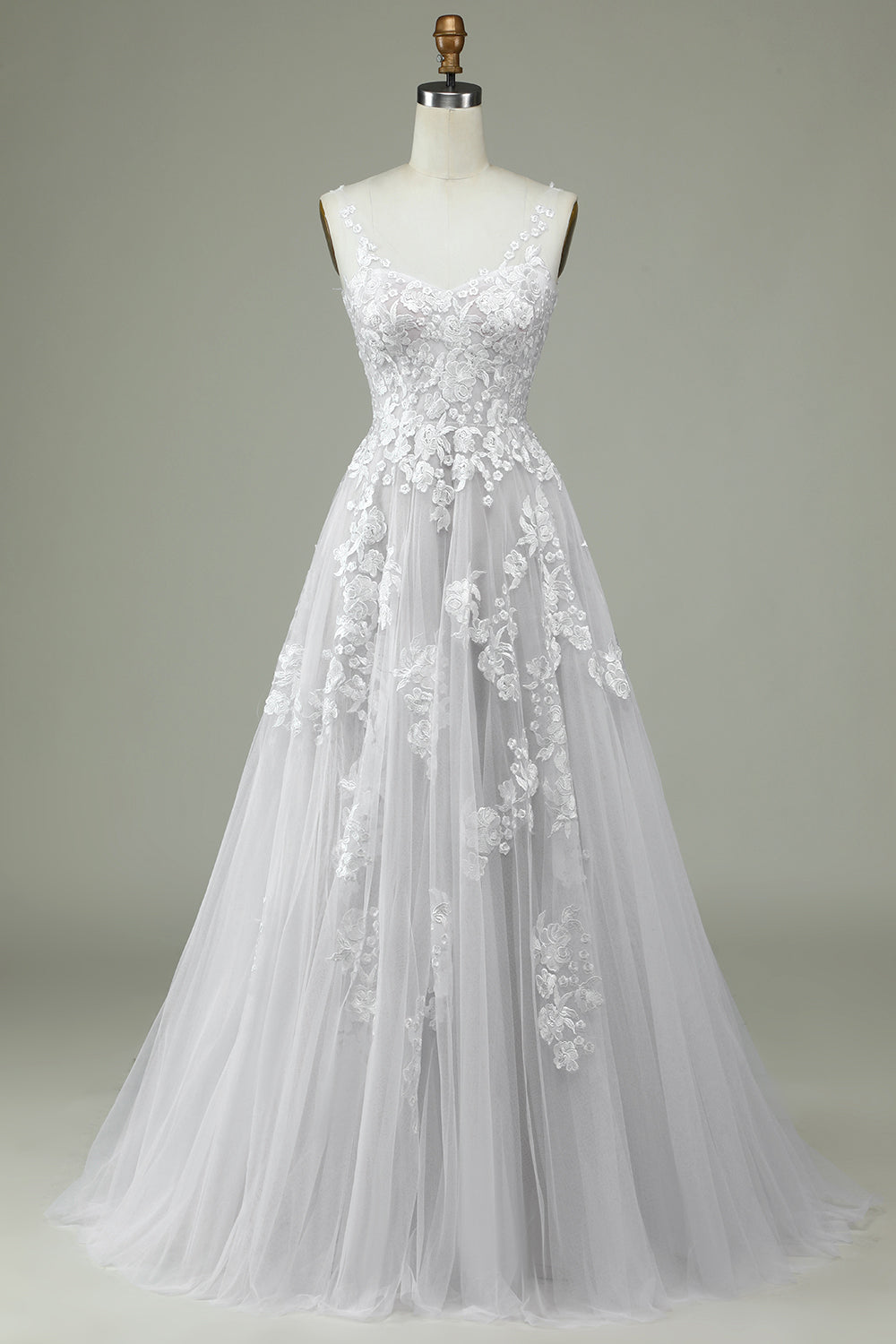 Ivory A Line Sweep Train Tulle Backless Wedding Dress with Lace