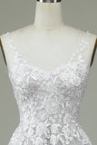 Ivory A Line Sweep Train Tulle Backless Wedding Dress with Lace