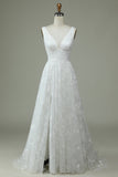 Ivory A Line V-Neck Lace Wedding Dress with Slit