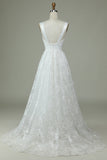 Ivory A Line V-Neck Lace Wedding Dress with Slit