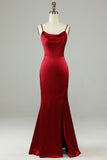 Burgundy Mermaid Spaghetti Straps Long Bridesmaid Dress with Slit