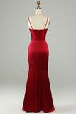 Burgundy Mermaid Spaghetti Straps Long Bridesmaid Dress with Slit