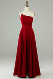 Burgundy A-Line One Shoulder Long Bridesmaid Dress with Ruffles