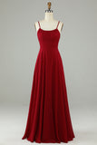 Burgundy A-Line Spaghetti Straps Chiffon Long Bridesmaid Dress